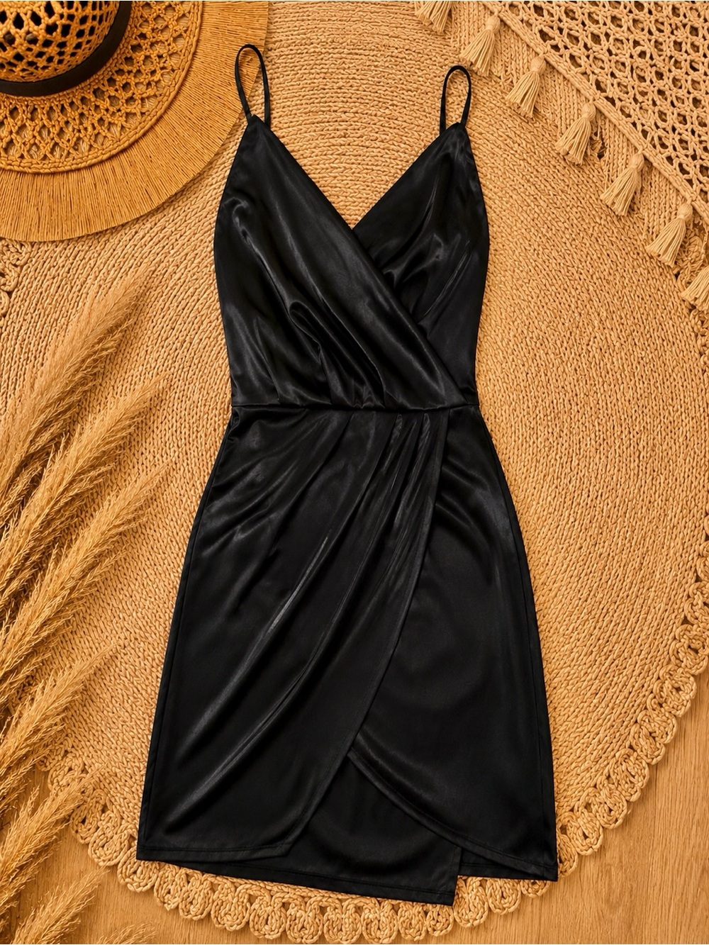 Fashion Nova Black Satin Wrap Mini Dress